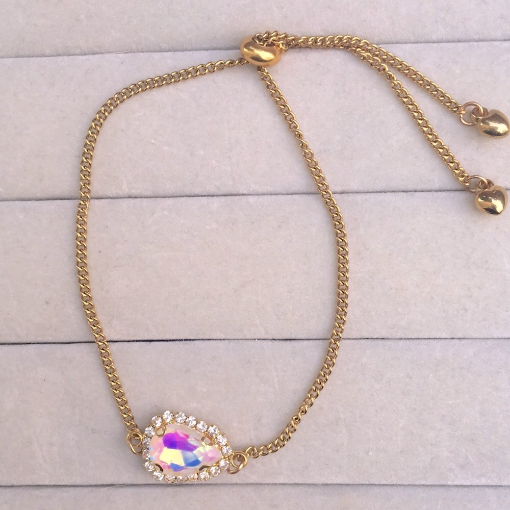 White Aurora Borealis Crystal Halo + Gold Pear Adjustable Boho Bracelet - Picture 8 of 13